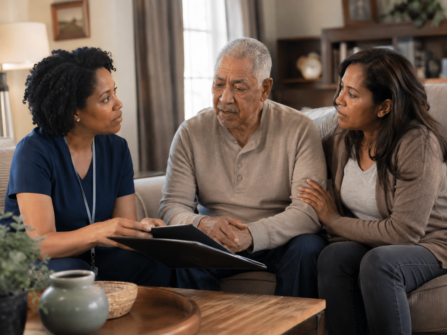 Hospice professional guiding an elderly patient and family through their care journey in a Central Alabama home setting