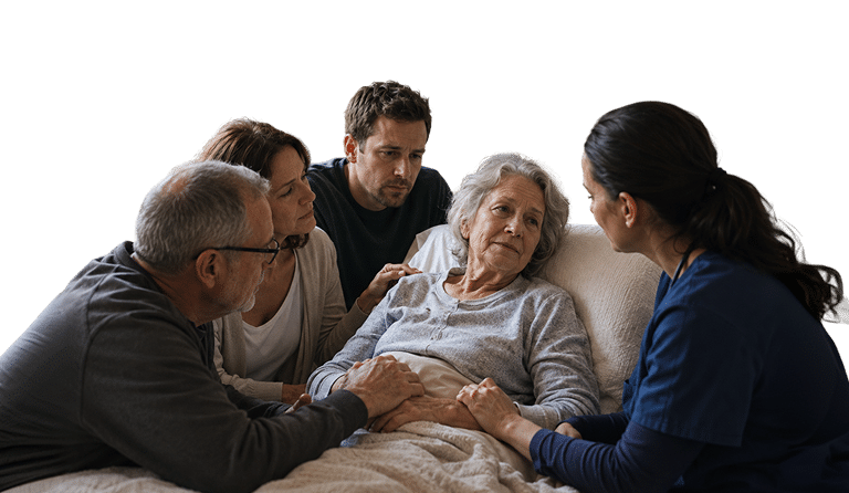 Personalized Hospice Support for Central Alabama Families Hospice care team supporting an elderly patient and family with compassionate in-home hospice care in Central Alabama