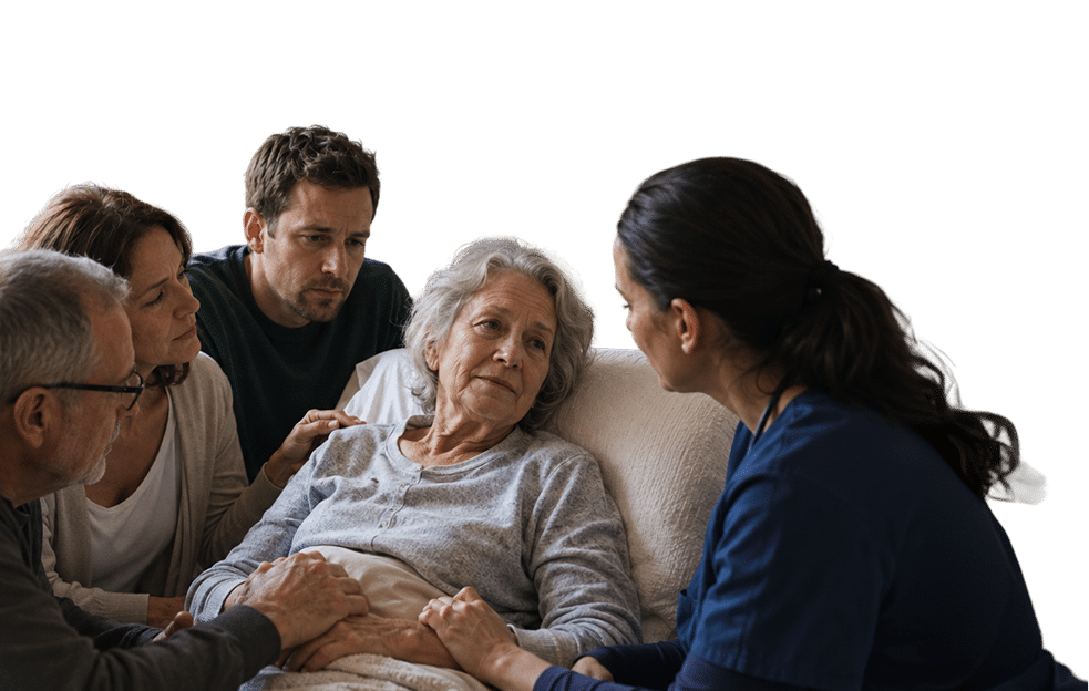 Personalized Hospice Support for Central Alabama Families Hospice care team supporting an elderly patient and family with compassionate in-home hospice care in Central Alabama