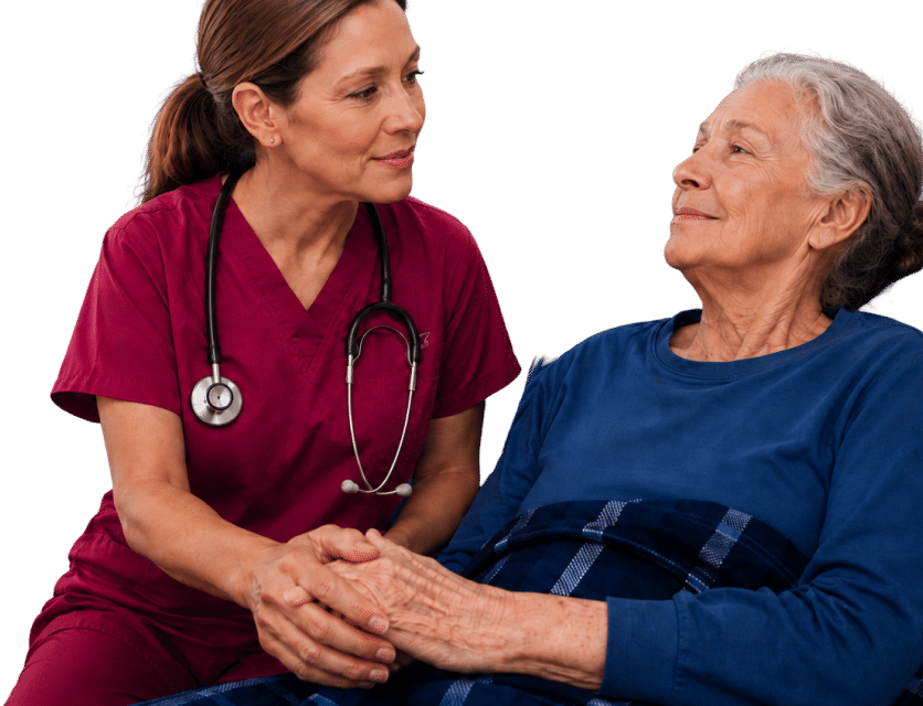 Compassionate Hospice Care in Central Alabama Hospice nurse providing compassionate hospice care at home for an elderly patient in Central Alabama