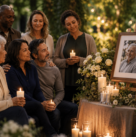 Family members gathering together during a memorial moment while receiving emotional support after the loss of a loved one