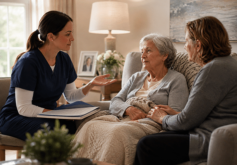 Hospice nurse helping an elderly patient and family understand the admissions process for hospice care