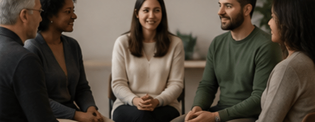 Group of people attending a grief support meeting and sharing experiences in a welcoming environment