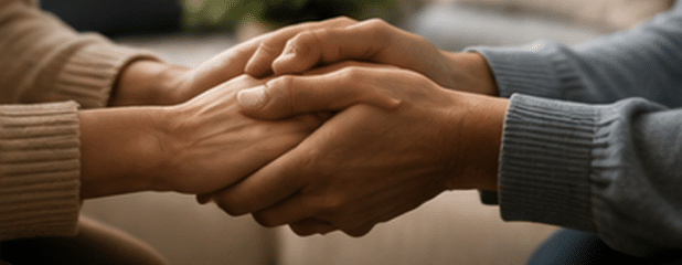 Hands held together representing comfort, connection, and emotional support during the grieving process