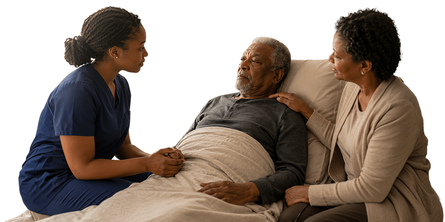 Hospice nurse providing personalized hospice services and comfort care to an elderly patient at home in Central Alabama