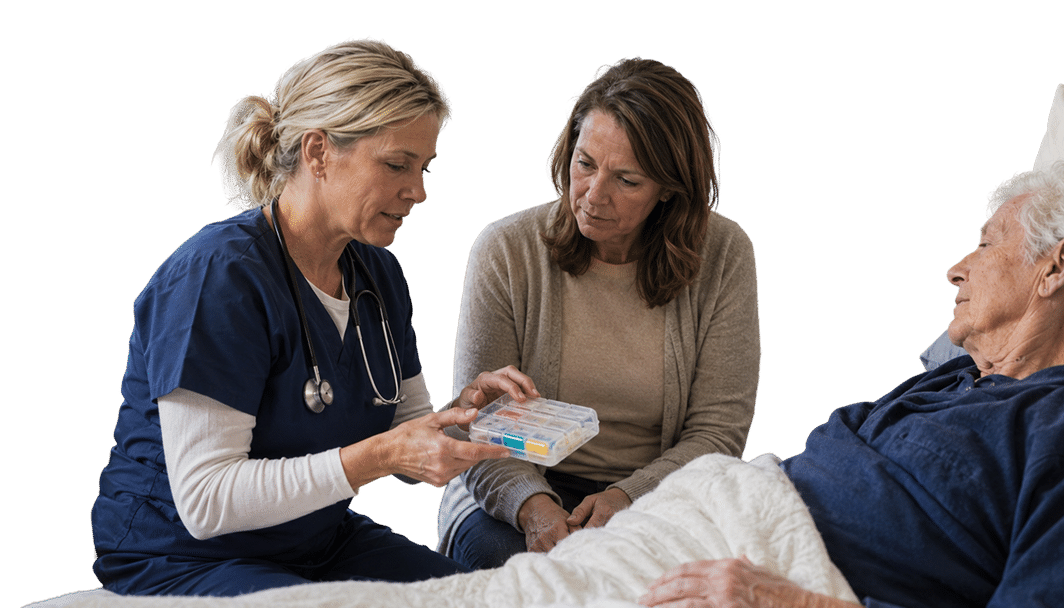 Hospice nurse explaining care and support options to an elderly patient and family member at home