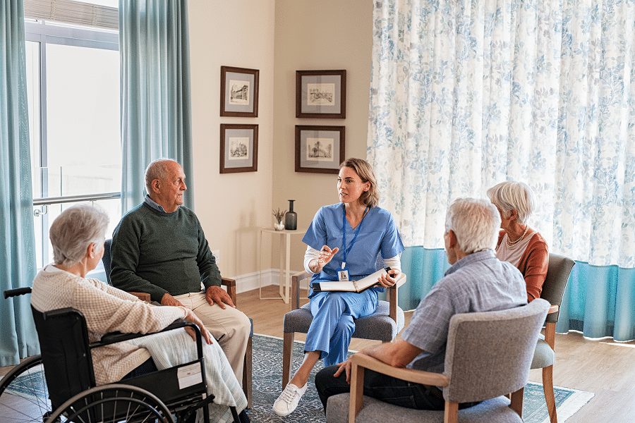 Family discussing hospice care options and choosing the right hospice provider for their loved one