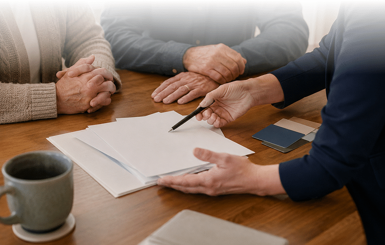 Family meeting with healthcare professional to discuss hospice coverage, benefits, and care options