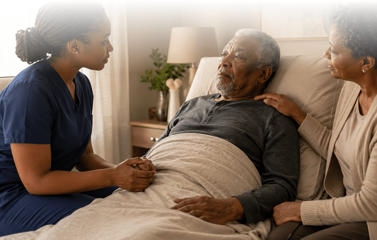 Hospice nurse providing compassionate care and comfort to an elderly patient and family member at home in Central Alabama