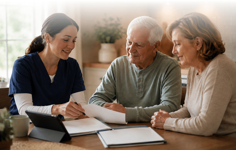 Family speaking with a hospice professional about care options for an elderly loved one in Central Alabama