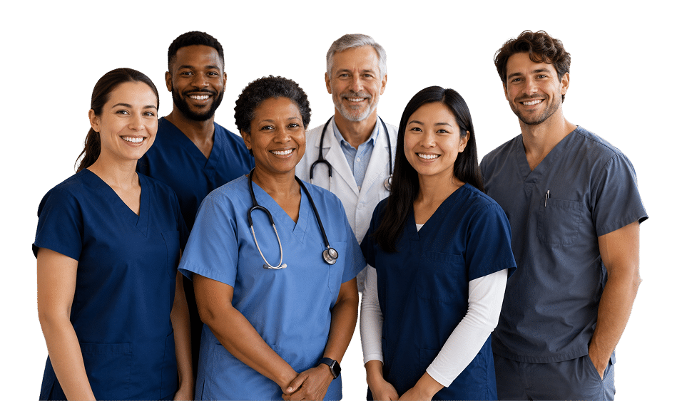 Diverse hospice professionals standing together as a healthcare team committed to compassionate patient care