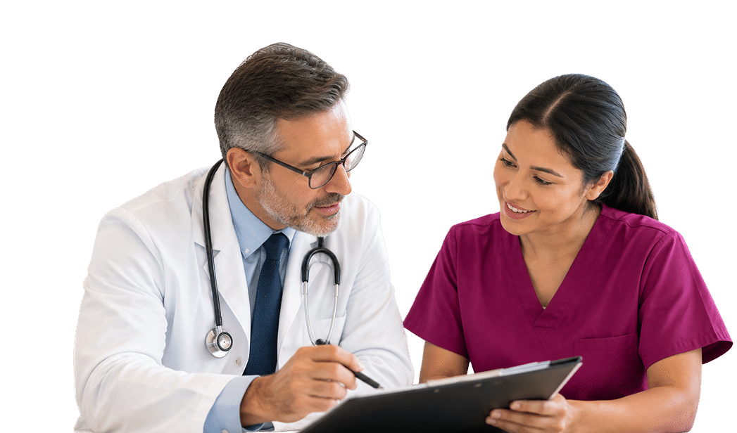 Physician and hospice nurse reviewing a patient care plan together to provide coordinated hospice care and support
